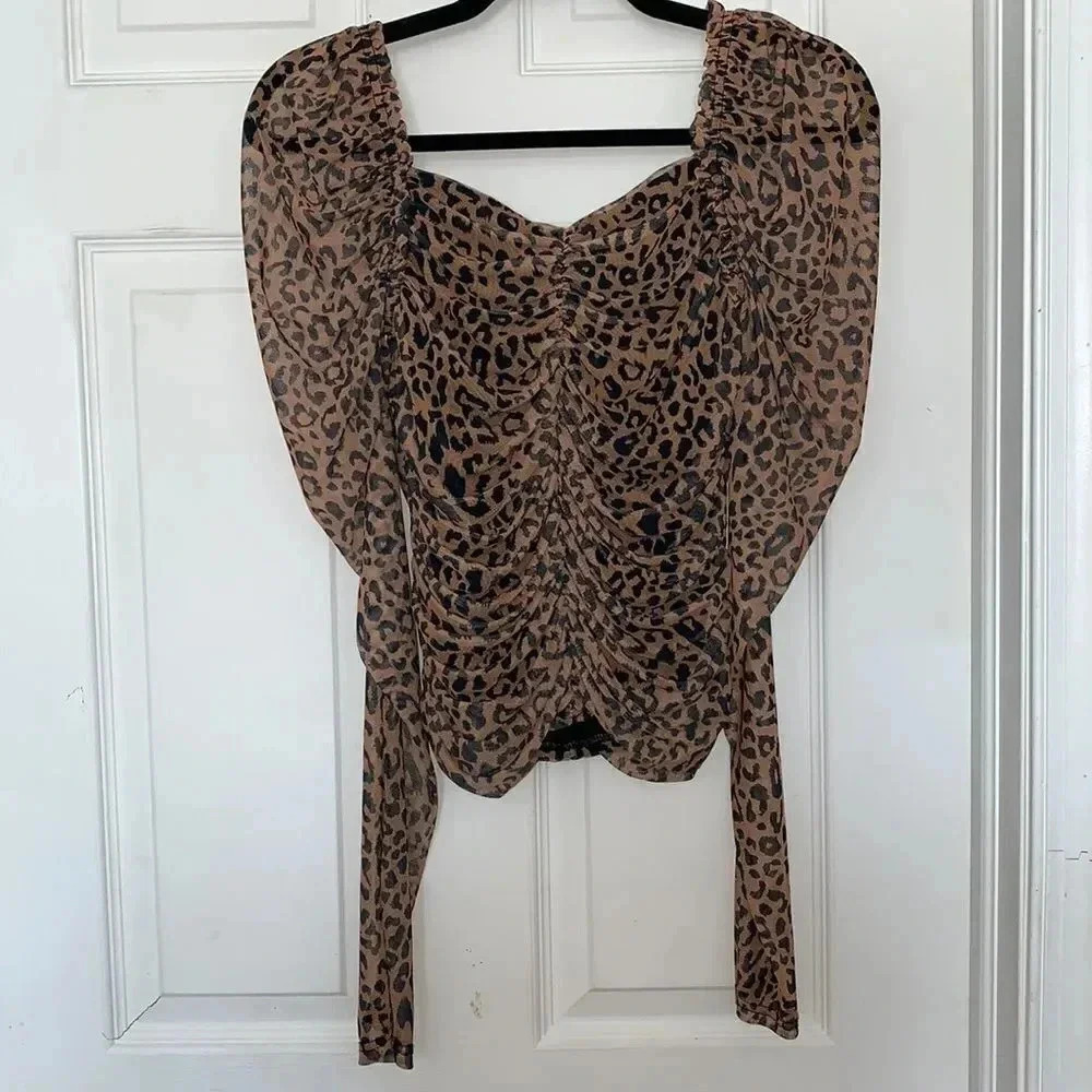 Missguided Leopard Ruched Mesh Top Black Brown Size 4 - Picture 4 of 7